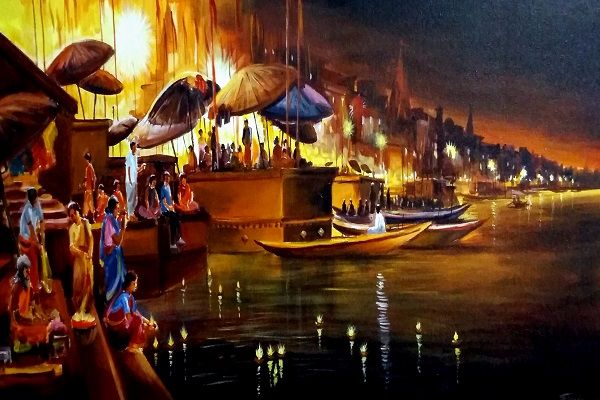 festival night at varansi ghat by Samiran Sarkar - Diwali Paintings Online