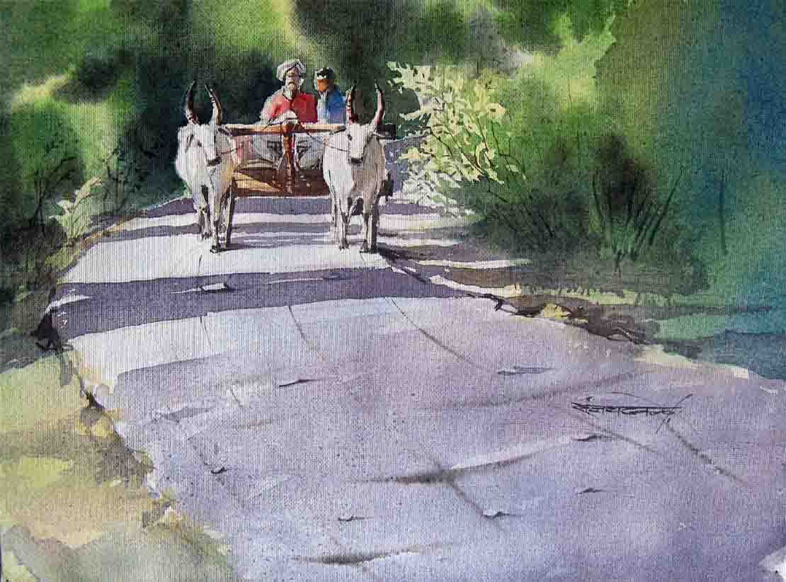 The Bullock Cart.. in 2023 | Village scene drawing, Watercolor art lessons,  Oil pastel drawings